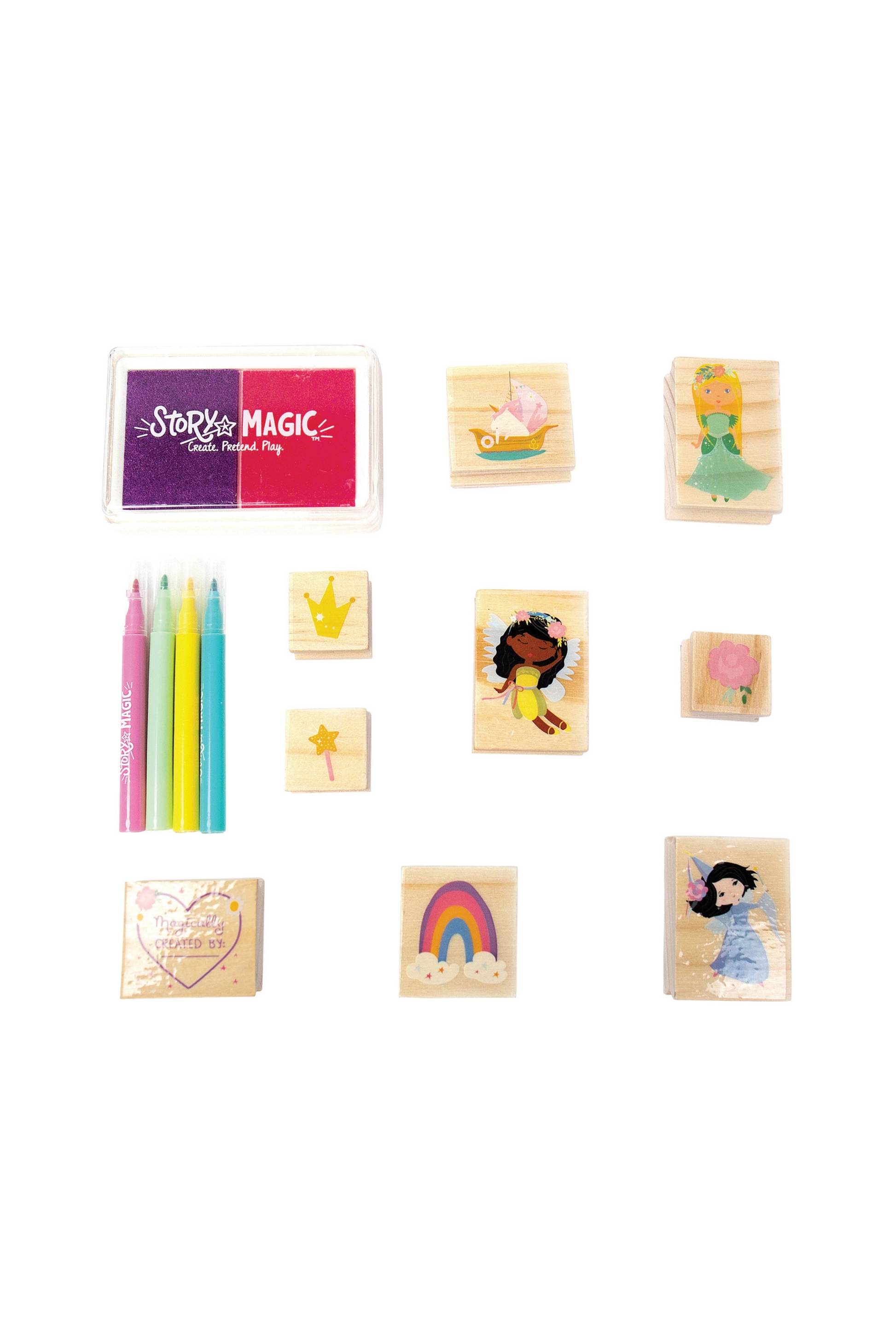 Set of wooden stamps with various designs on a white background