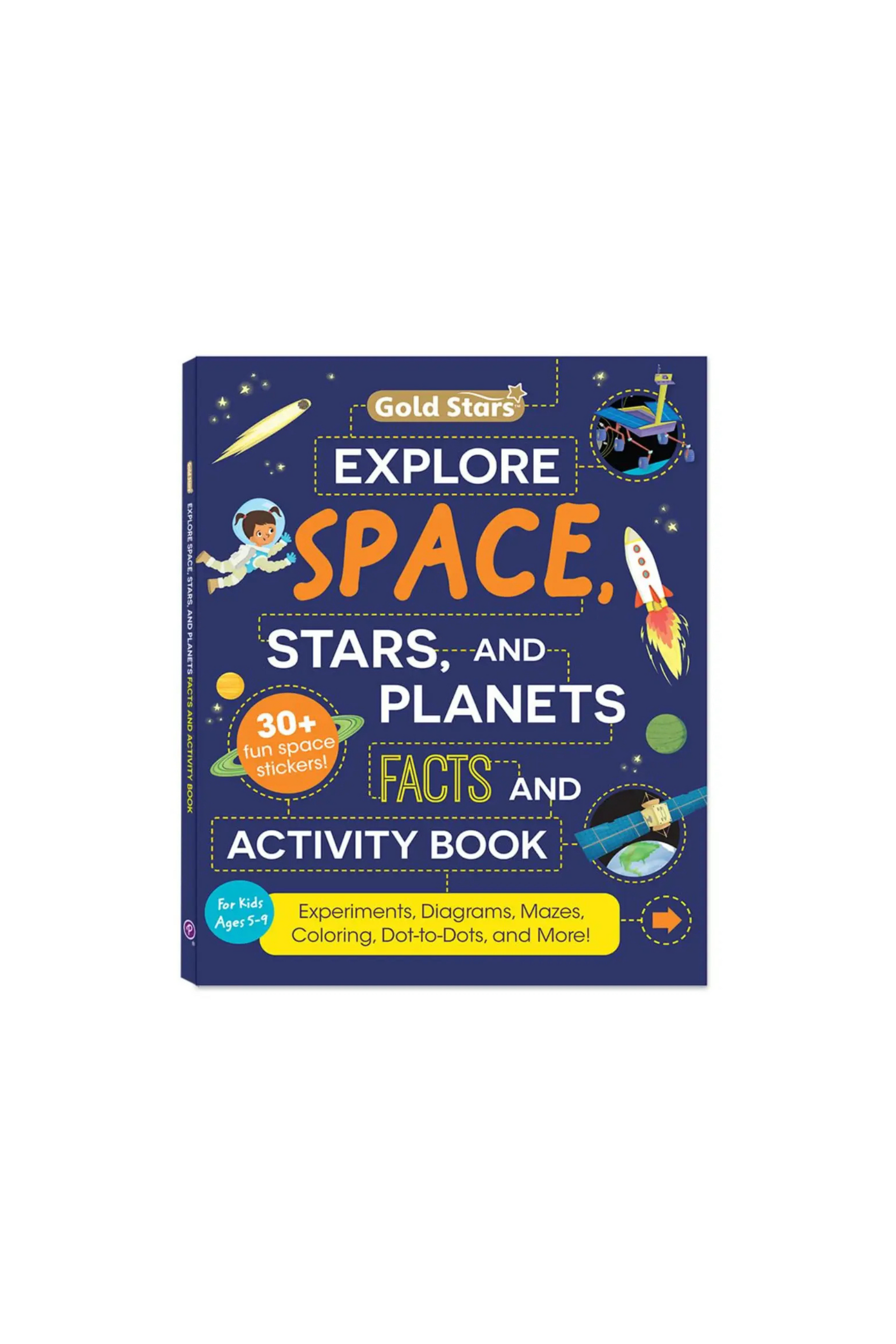 Book cover of 'Explore Space, Stars, and Planets' with space-themed graphics on a white background