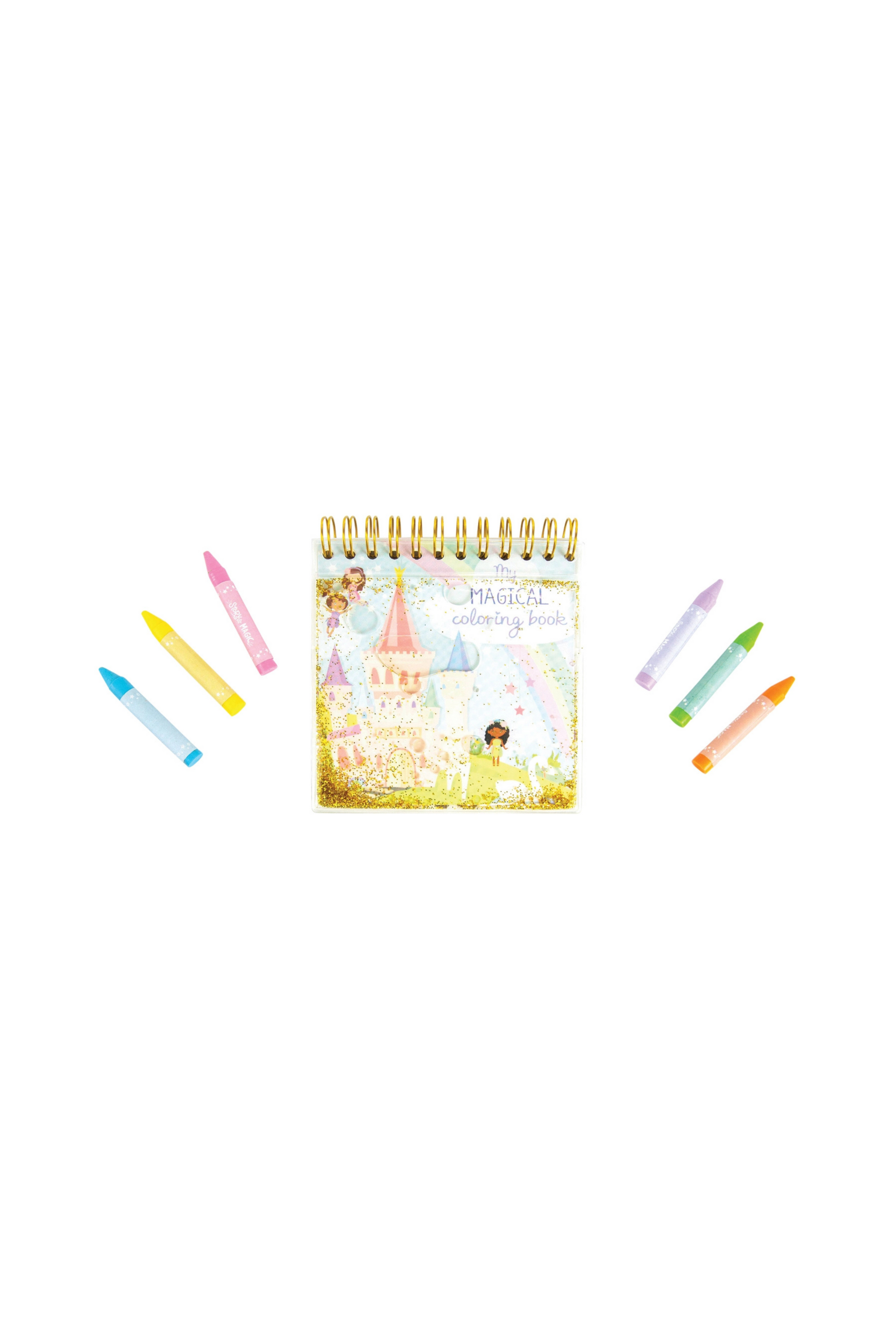 Coloring book with crayons on a white background