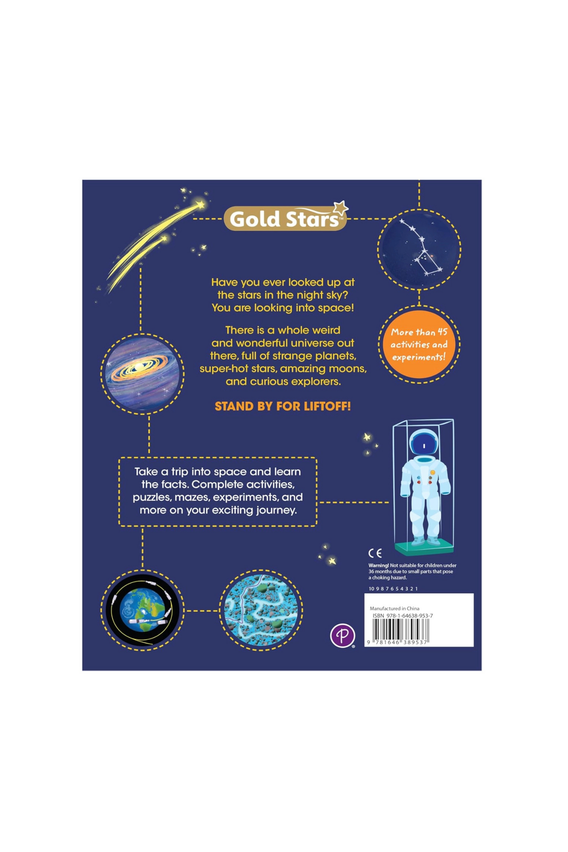 Back cover of a book with space-themed graphics and text, featuring the Gold Stars logo.
