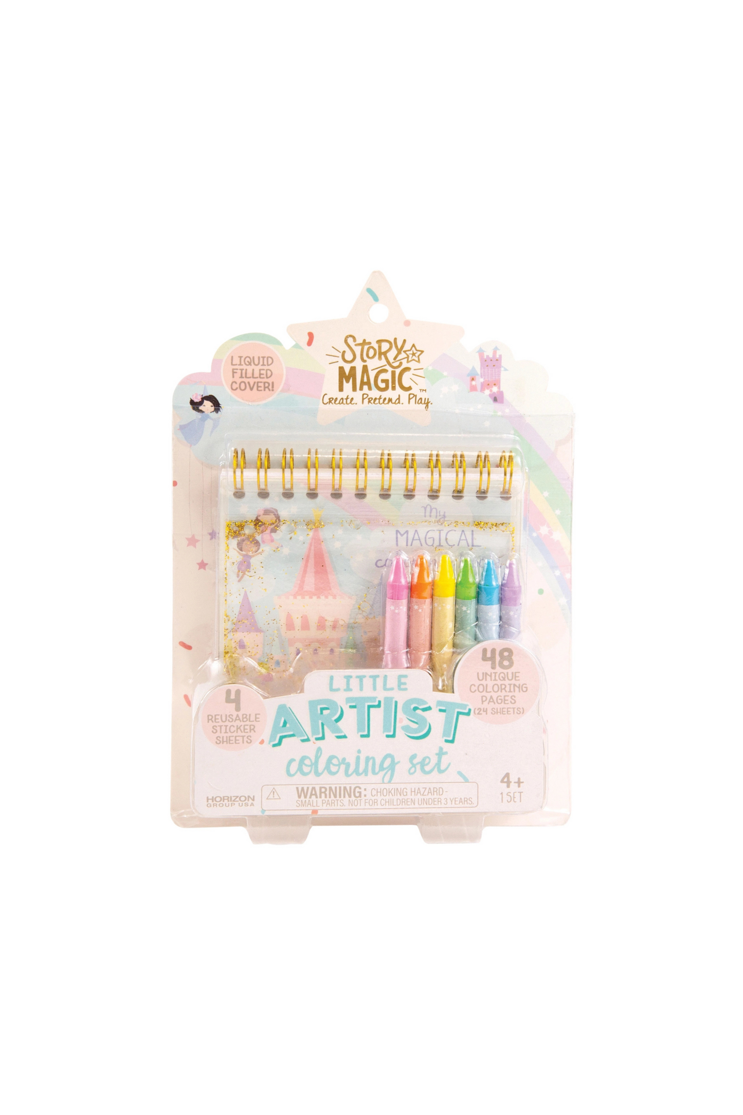 Packaged coloring set with markers and a notebook on a white background