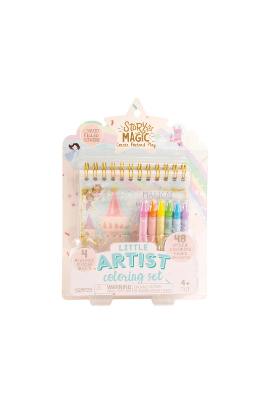 Packaged coloring set with markers and a notebook on a white background
