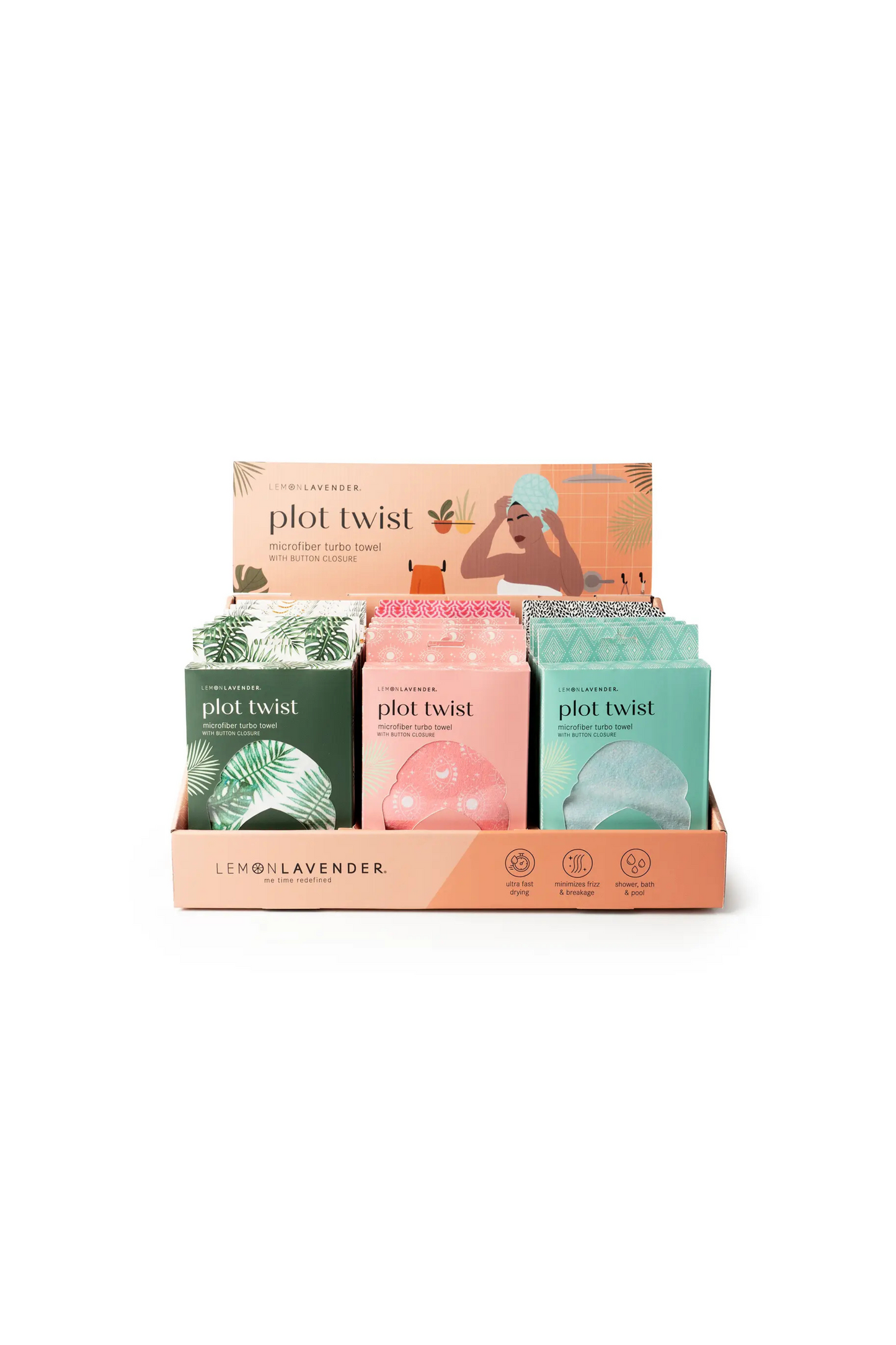 Display of Plot Twist hair towels with colorful packaging on a white background