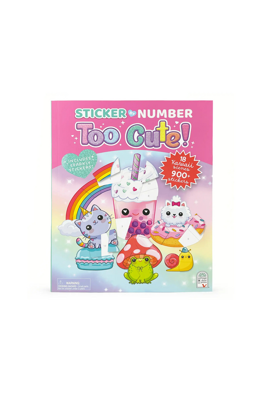 Sticker book cover with cartoon characters and rainbow on a pink background