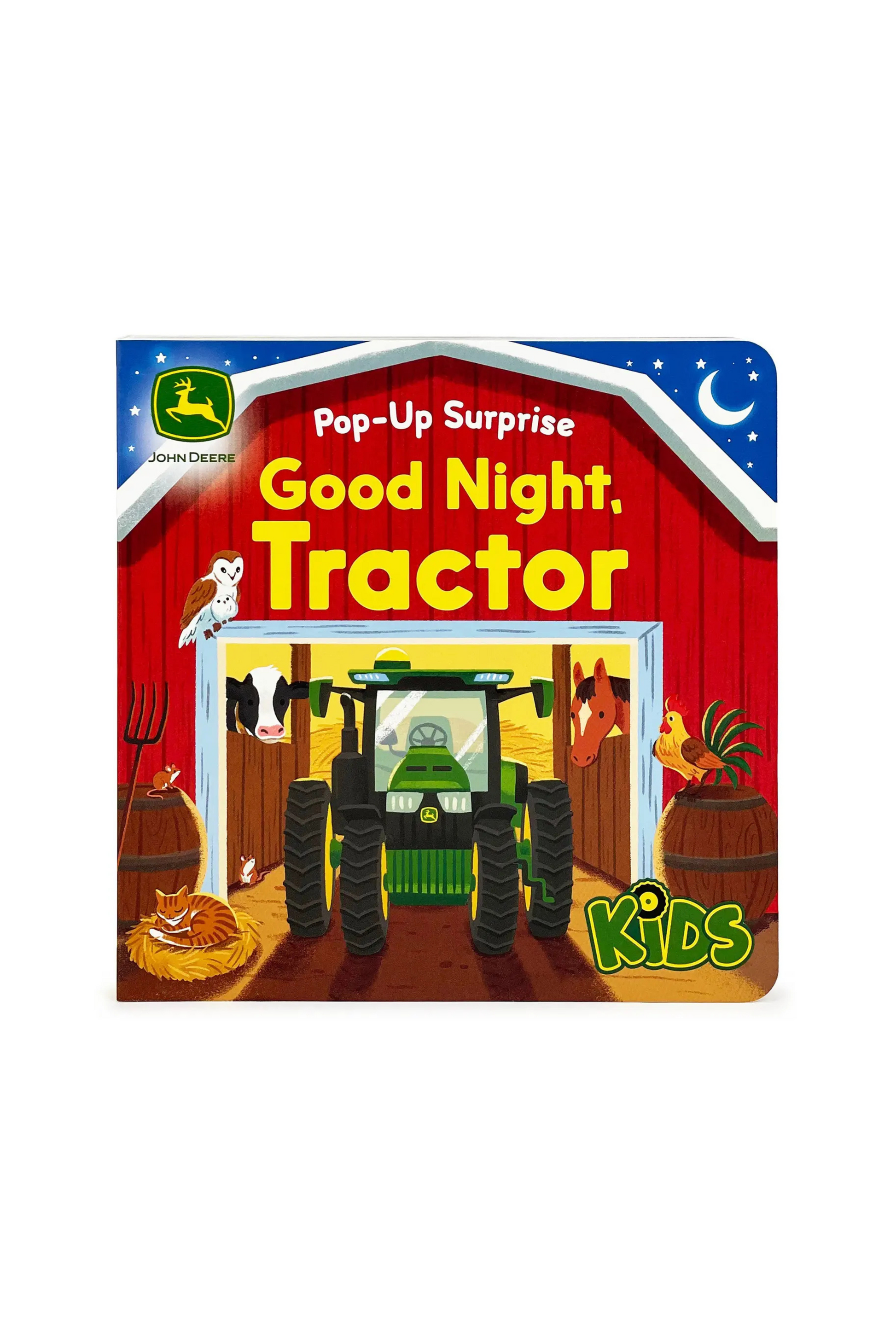 Children's book cover of 'Good Night, Tractor' with a pop-up design on a white background.