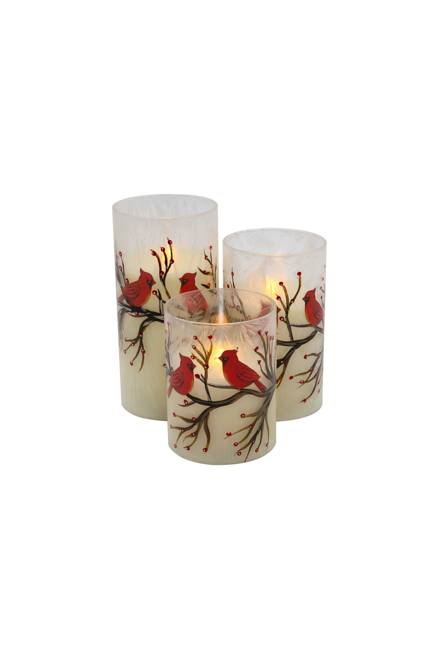 Set of three decorative candles with red bird designs on a white background