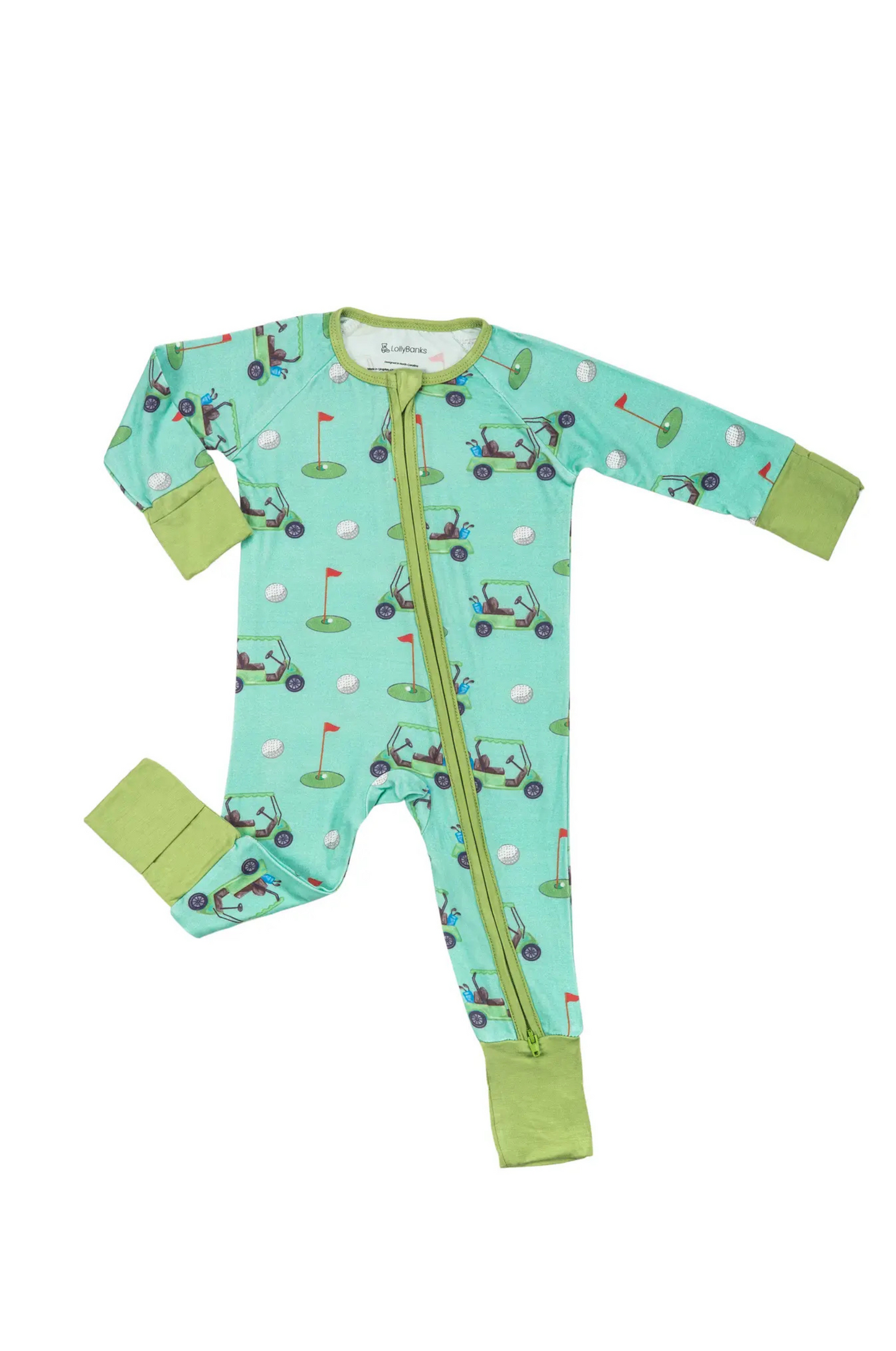 Children's onesie with golf-themed print on a white background