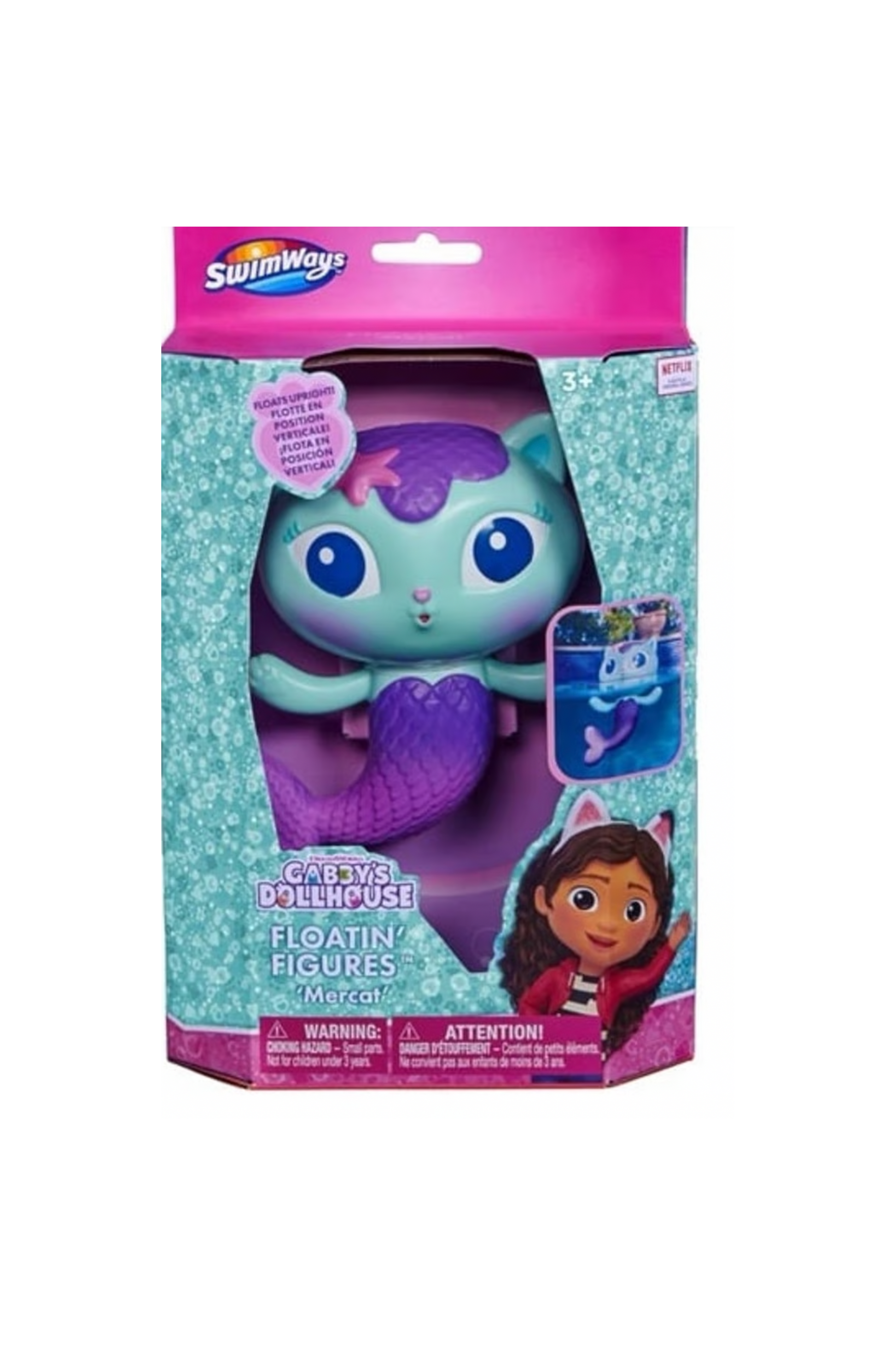 Toy packaging with a mermaid figure and character illustration on a white background