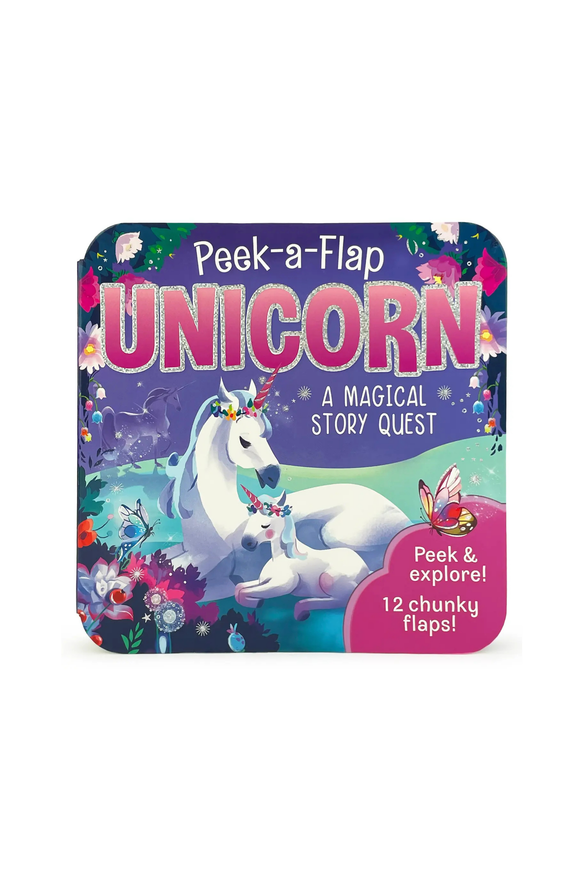 Children's book titled 'Peek-a-Flap Unicorn' on a white background