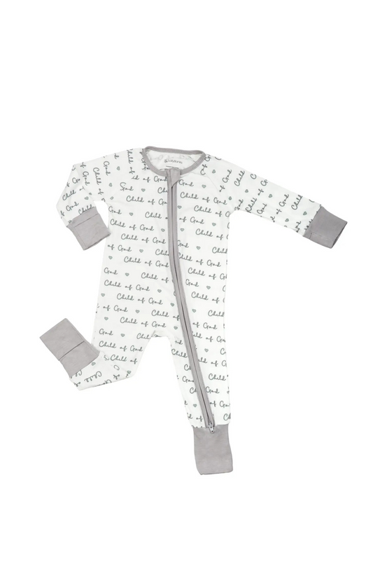 Baby onesie with text pattern on a white background