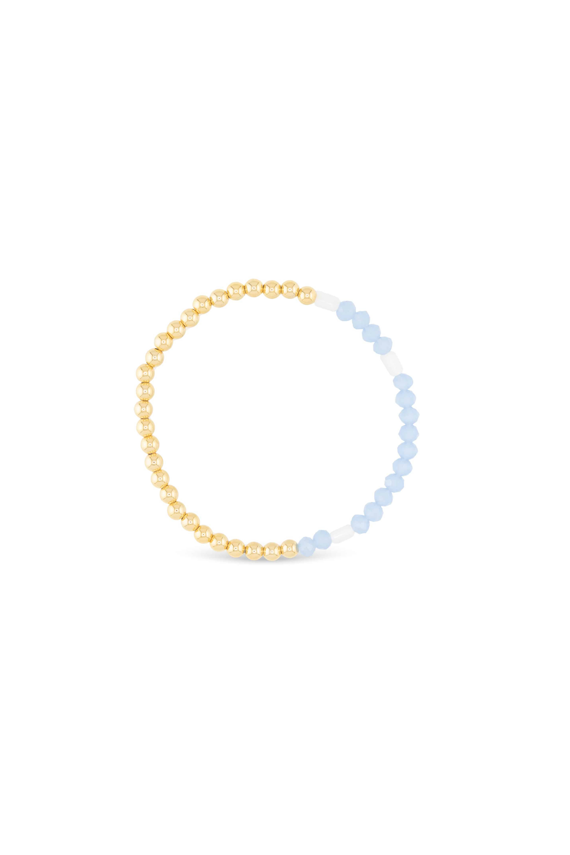 Two beaded bracelets, one gold and one blue, on a white background