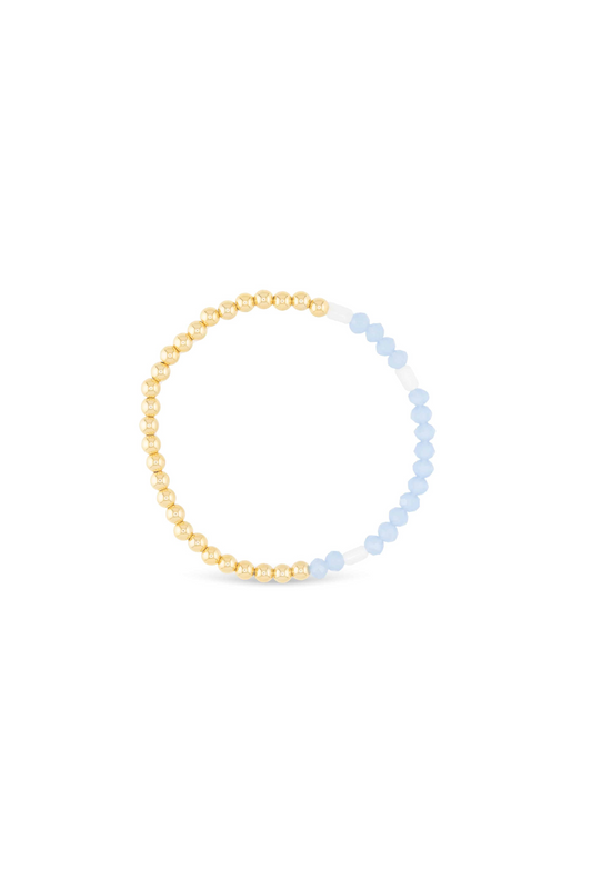 Two beaded bracelets, one gold and one blue, on a white background