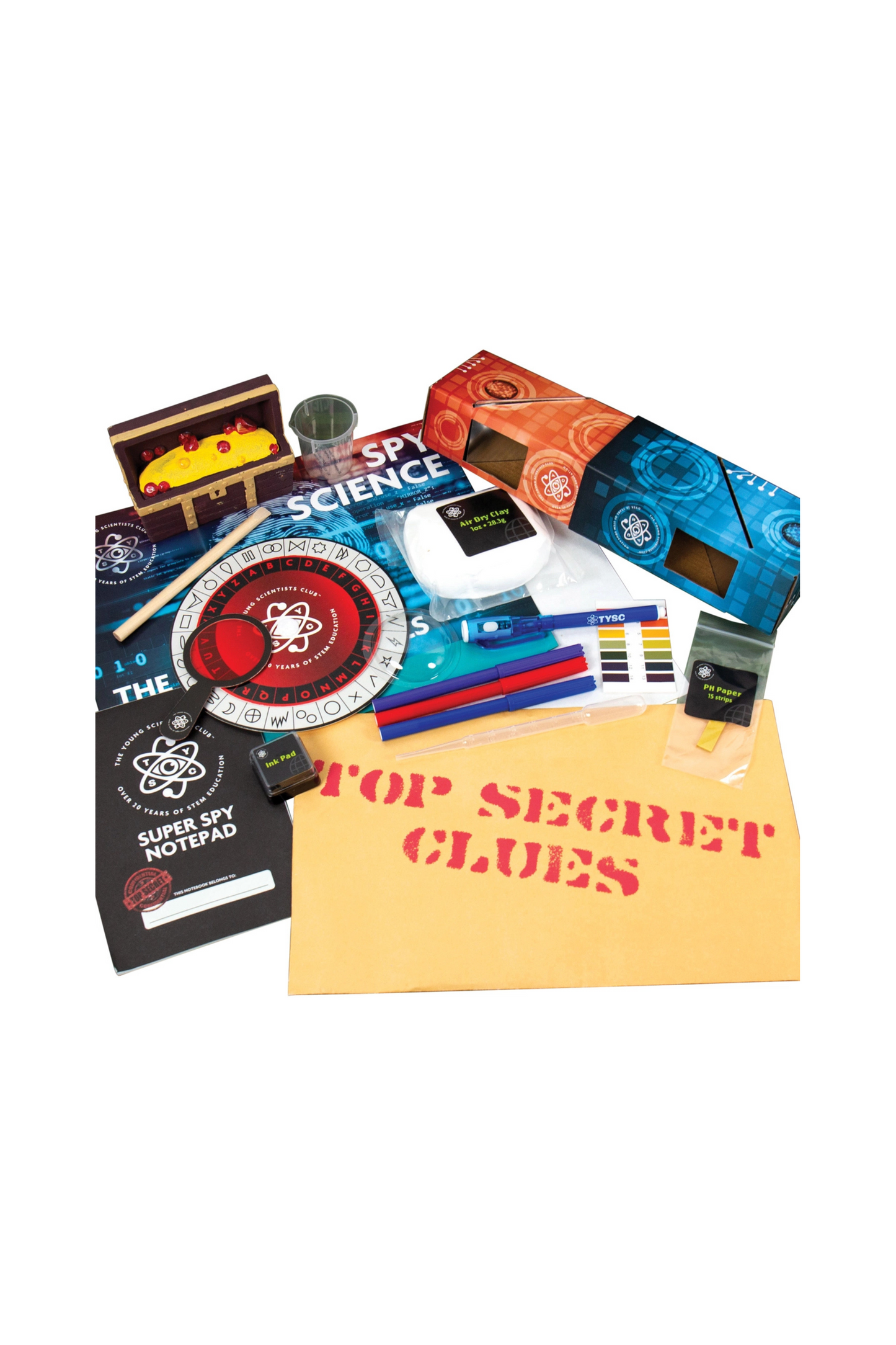 Collection of spy-themed items including a notebook, goggles, and a top-secret clues bag on a white background.