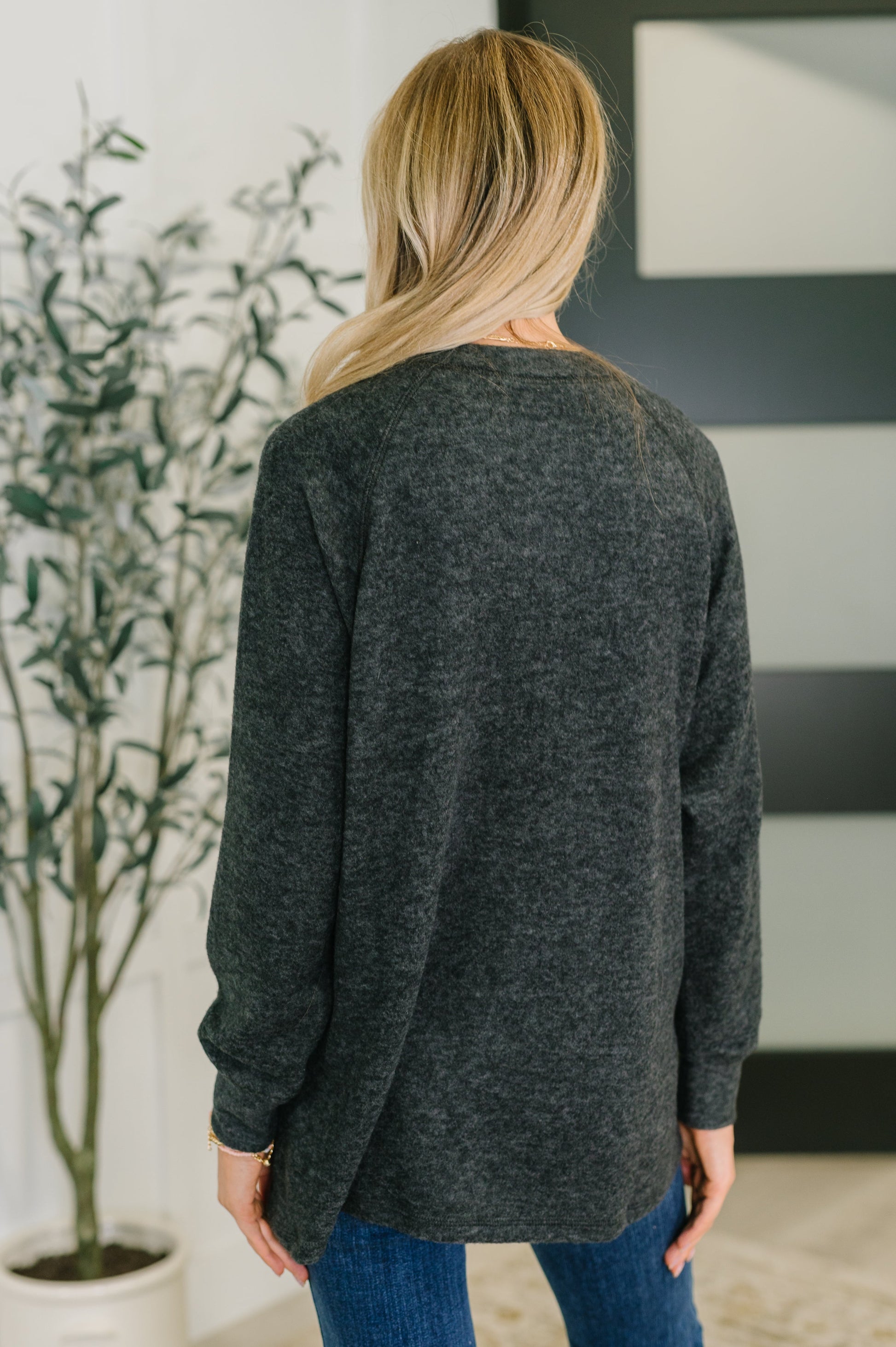 Person wearing a dark gray sweater in an indoor setting with a plant and abstract art in the background.