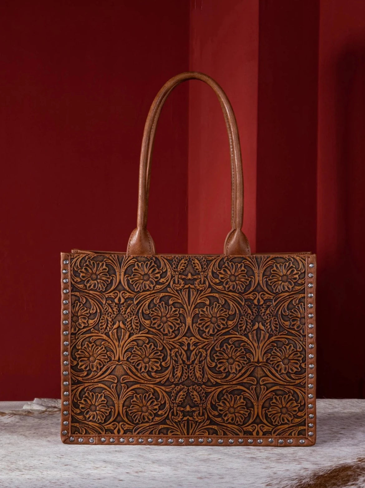 Vintage Floral Tooled Carry-All Tote