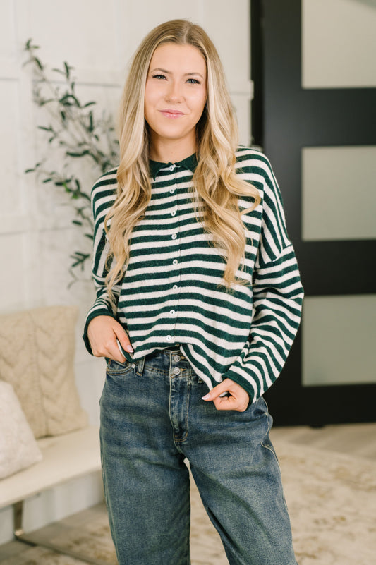 Won't Be Long Collared Sweater Button Down in in Hunter Green (Online Exclusive)