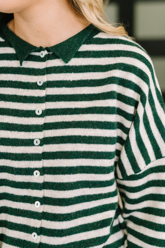 Won't Be Long Collared Sweater Button Down in in Hunter Green (Online Exclusive)
