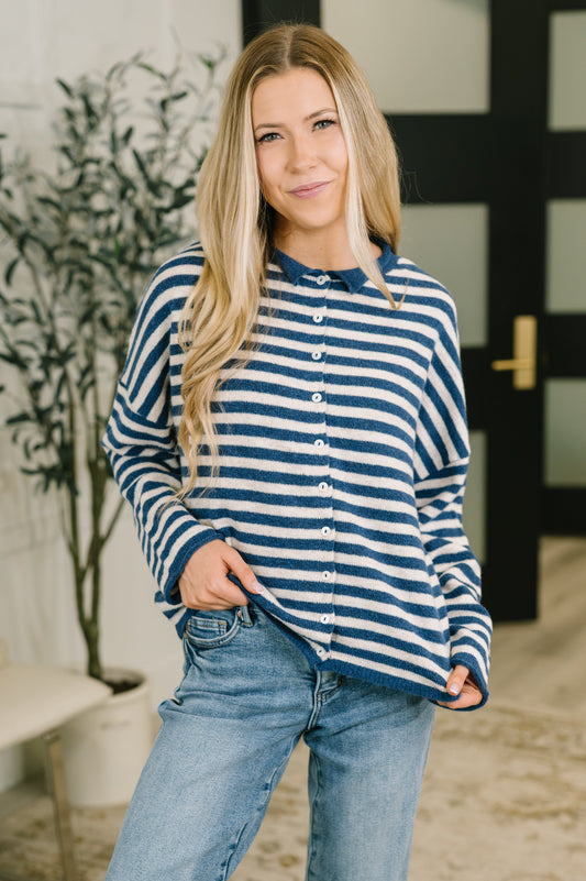 Won't Be Long Collared Sweater Button Down in Navy (Online Exclusive)