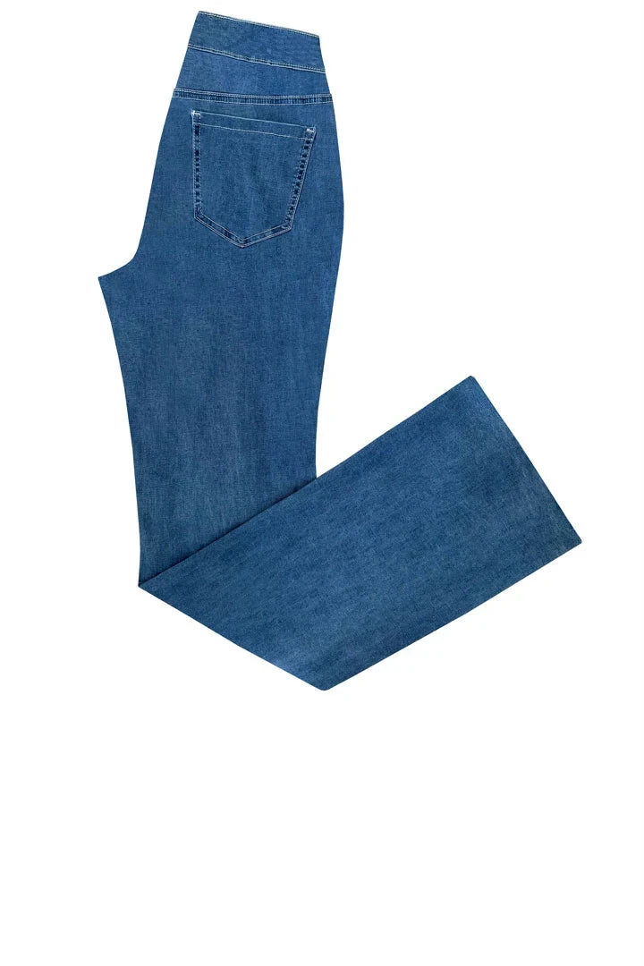 A pair of medium wash blue denim jeans shown flat on a white background, with the back pocket of the waistband visible and the legs folded at the lower right.