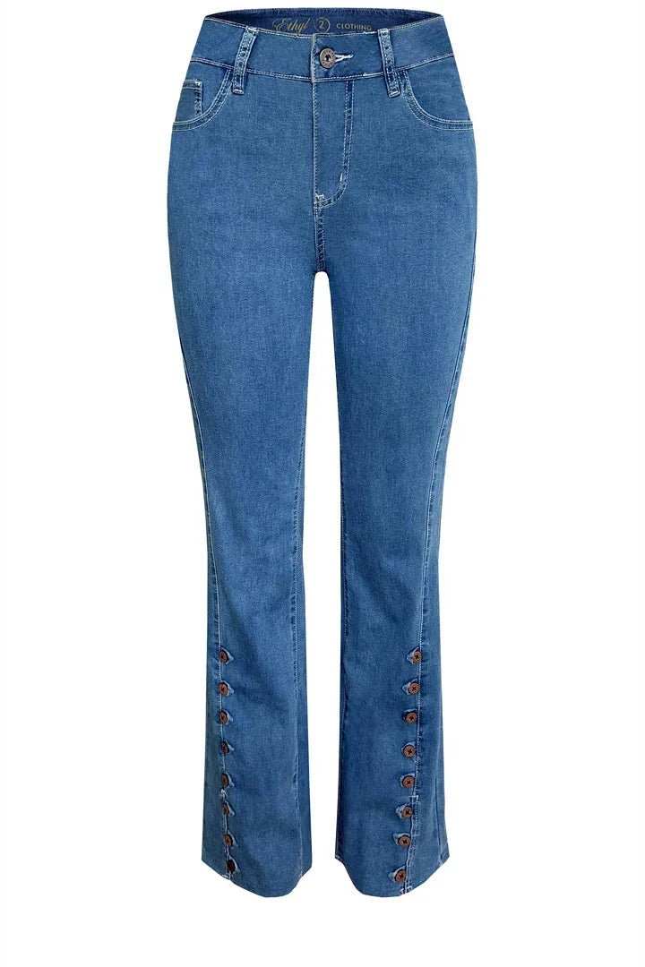 Blue denim flare jeans with decorative brown button details down the outer sides of the legs, shown against a plain white background.