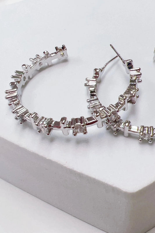 Cross Crystal Hoop - Silver