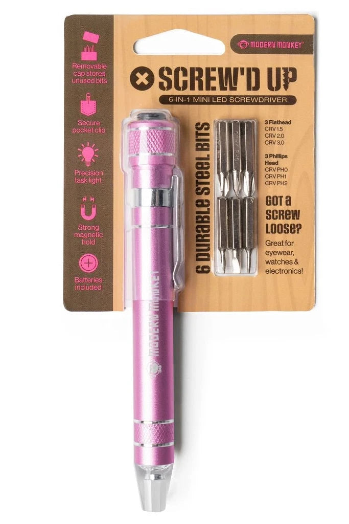 Pink screwdriver with packaging on a white background