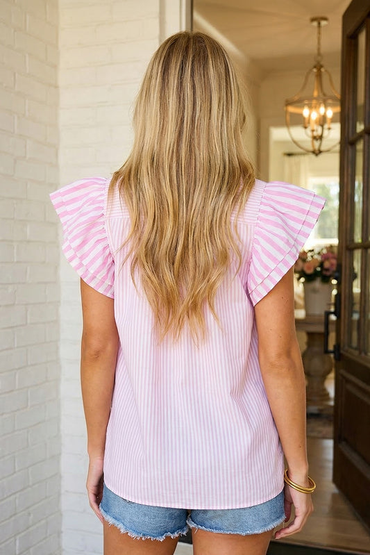 Pink Stripe Flutter Sleeve Blouse