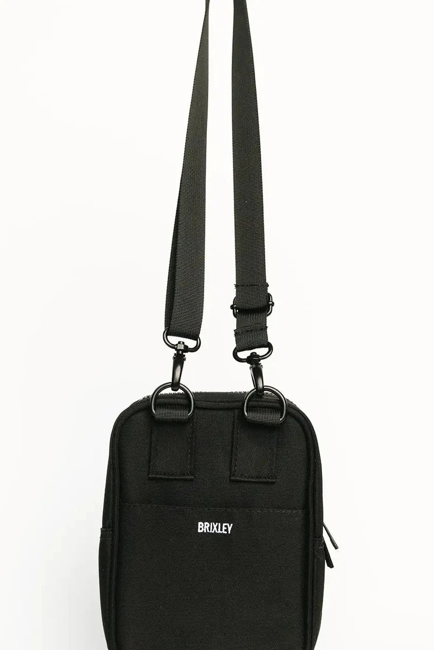Black crossbody bag with 'Brixley' branding on a white background
