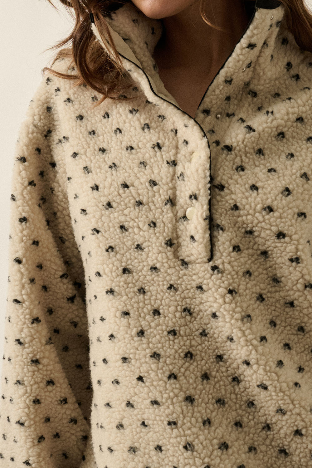 Dotted Sherpa Fleece High-Collar Half-Snap Pullover Jacket