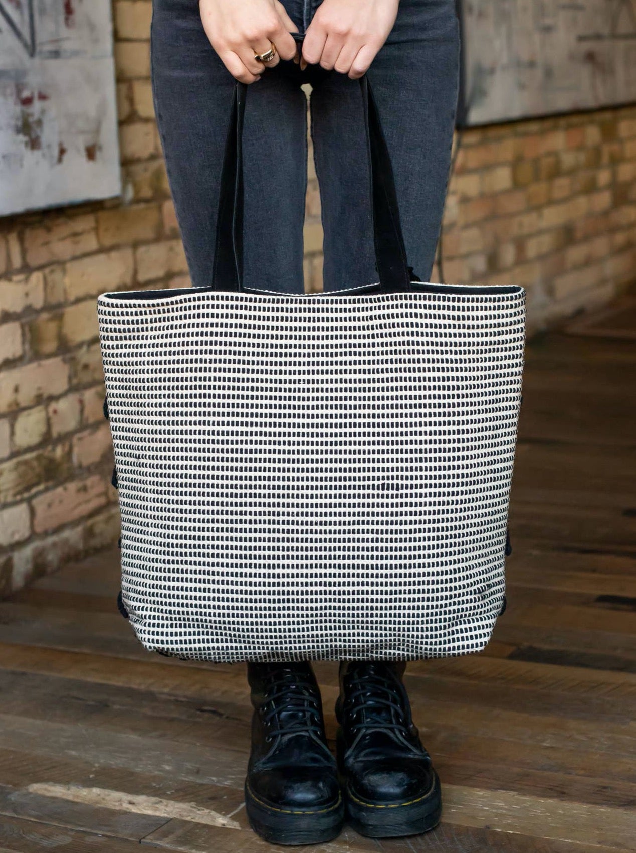 Black and Cream Textured Tote Simply Blessed Boutique