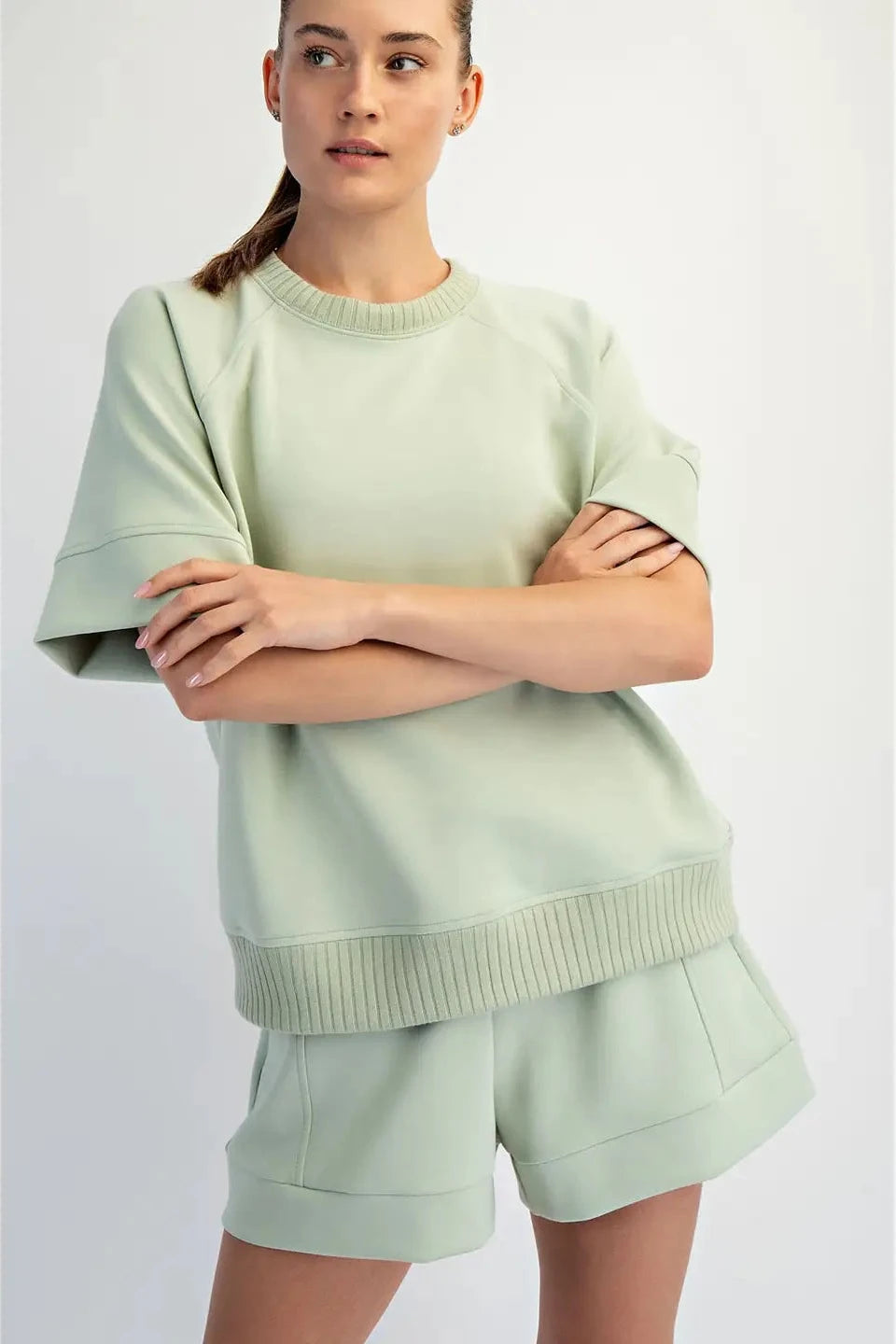 Rib Short Sleeve Top- Pistachio Cream