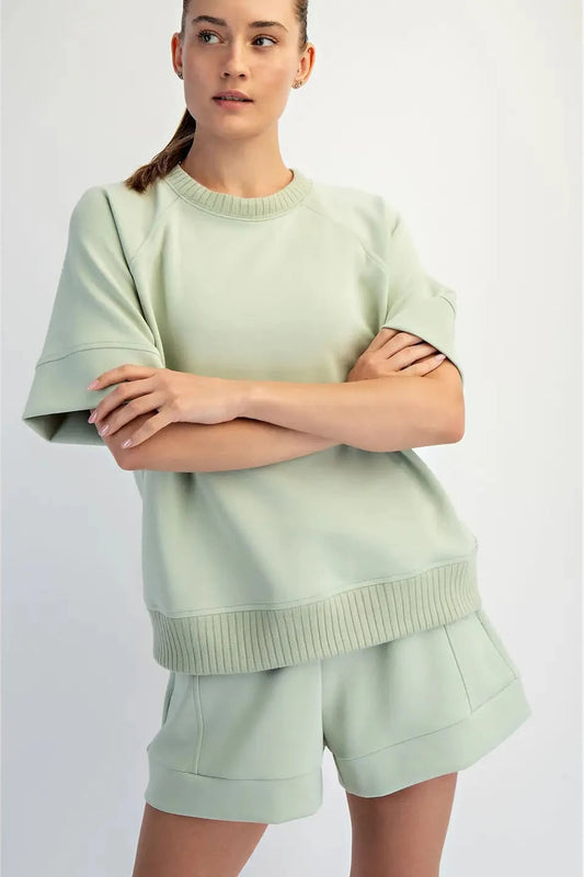 Rib Short Sleeve Top- Pistachio Cream