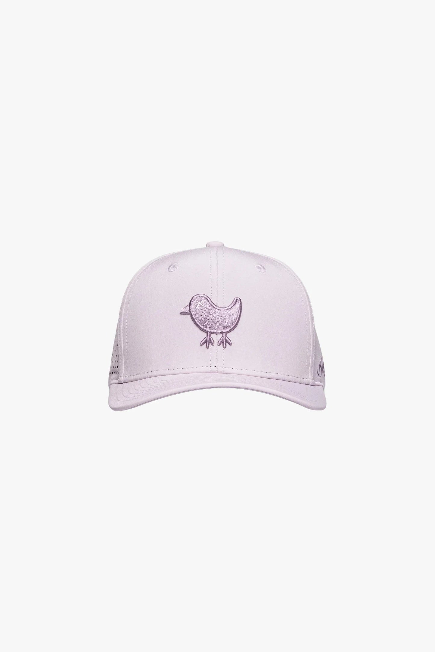 Light purple baseball cap with a small bird design on a white background
