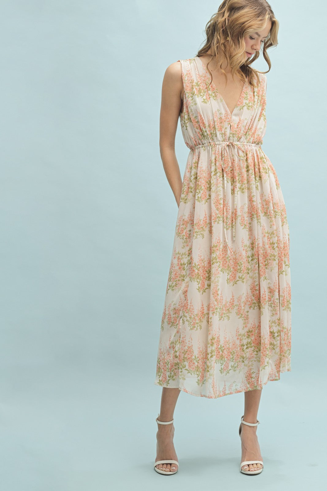 Peach Floral Midi Dress