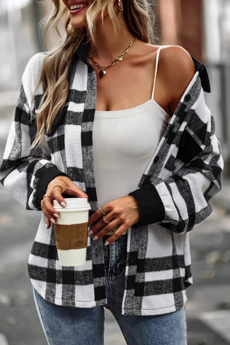 Plaid Button Down Shacket - Black