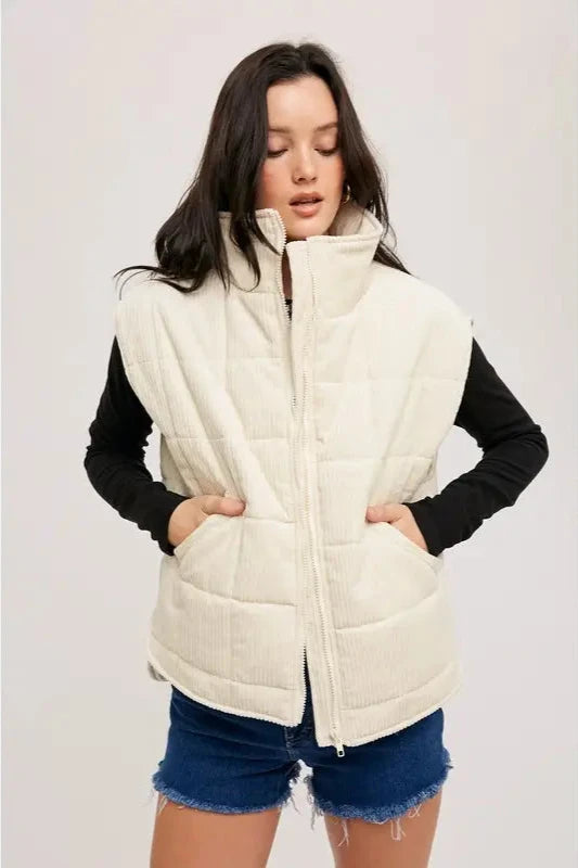 Corduroy Quilted Puffer Vest - Ecru