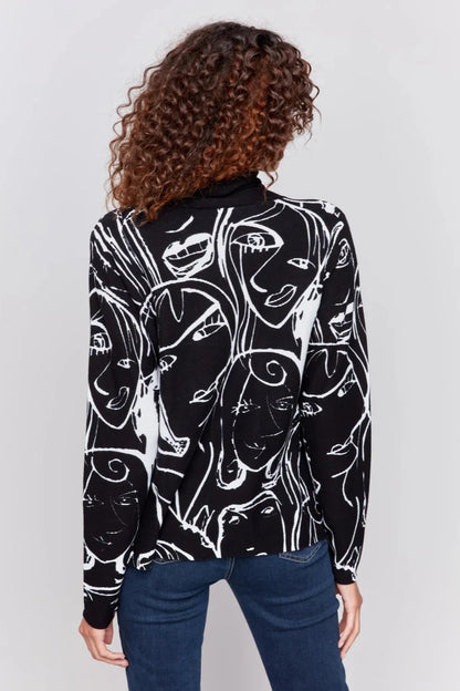 Faces Printed Mock-Neck Sweater