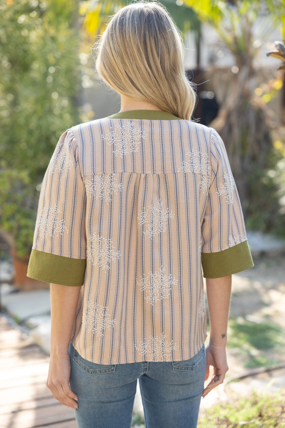 Floral Embroidered Stripe and Contrast Blouse