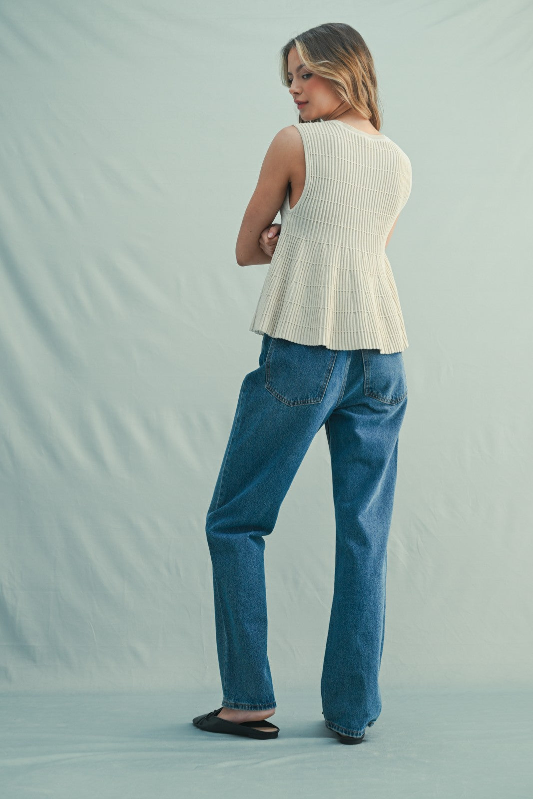 Flared Ribbed Sweater Top - Champagne