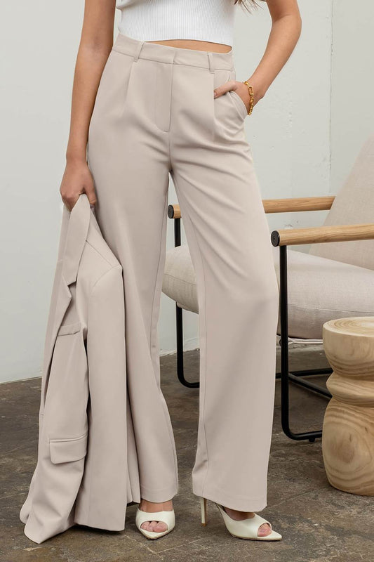 High Waisted Wide Leg Pants - Beige