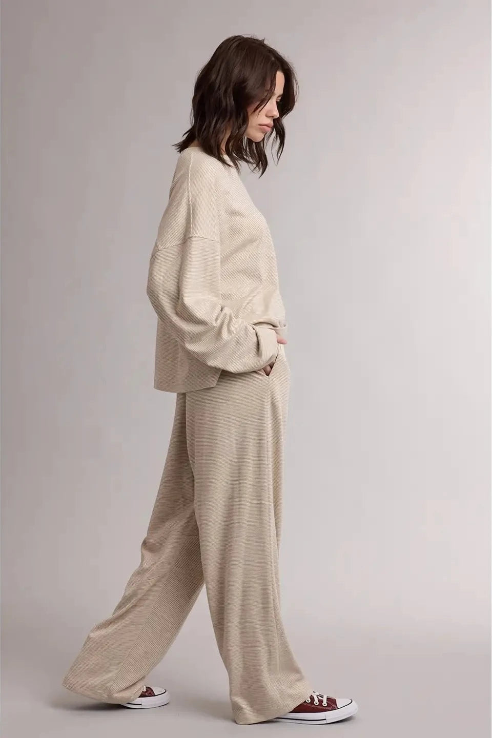 Striped Knit Lounge Set - Taupe