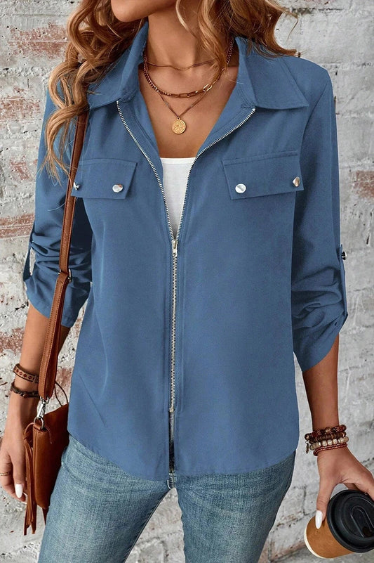 Sky Blue Zip Up Blouse