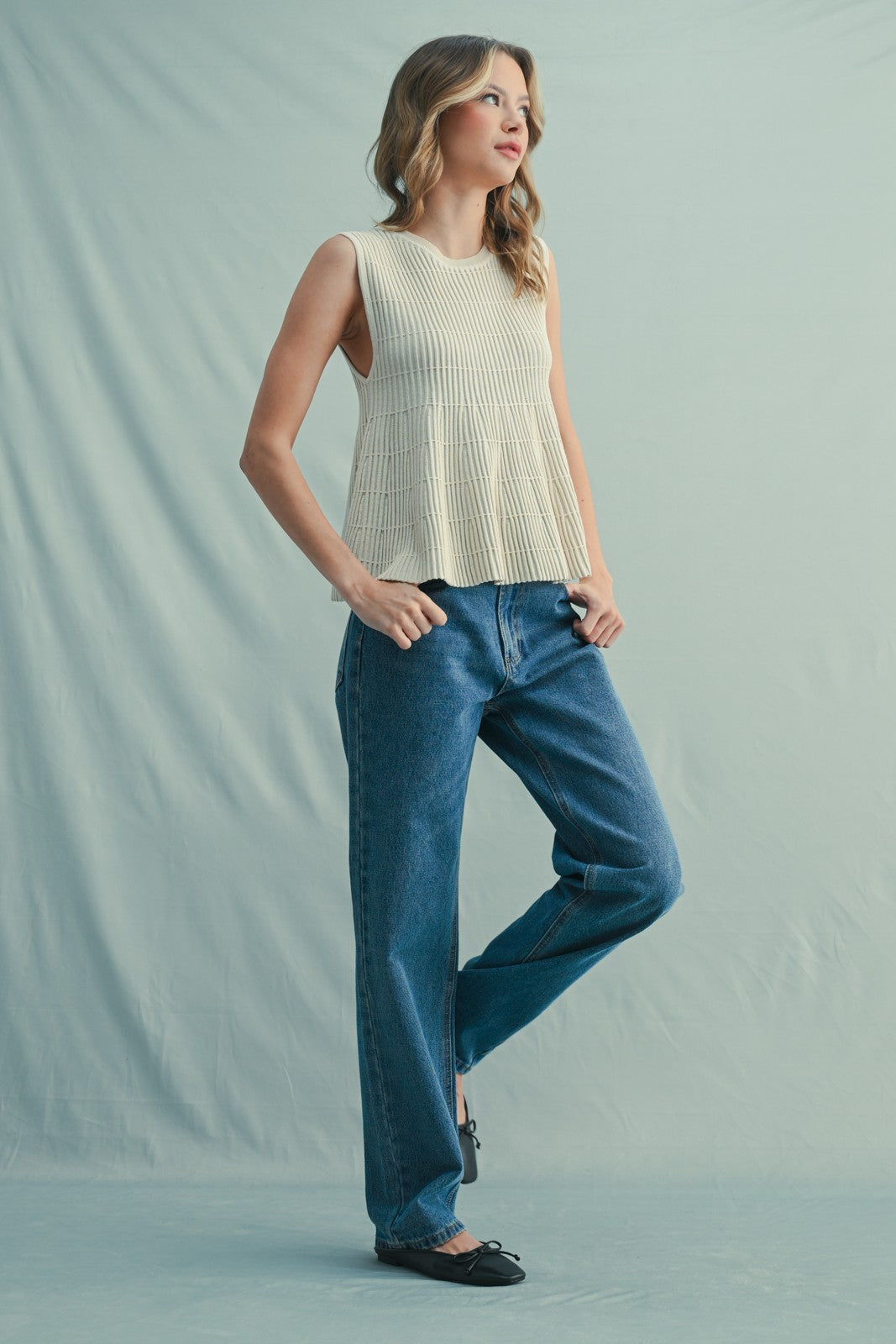 Flared Ribbed Sweater Top - Champagne