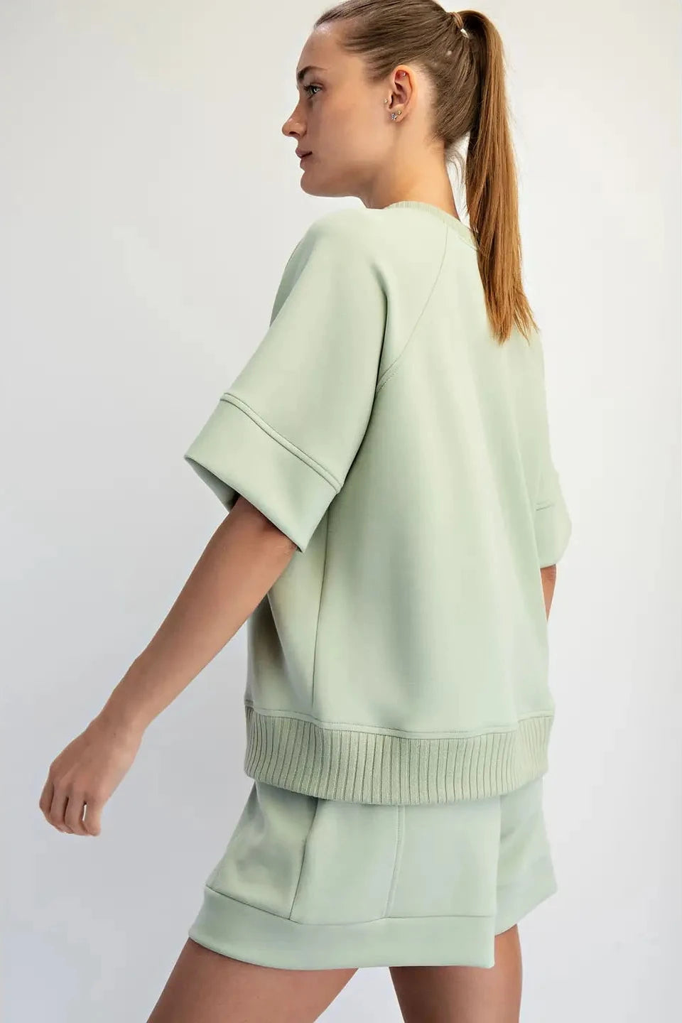 Rib Short Sleeve Top- Pistachio Cream