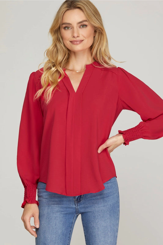 Long Smocked Sleeve Blouse - Cherry Red