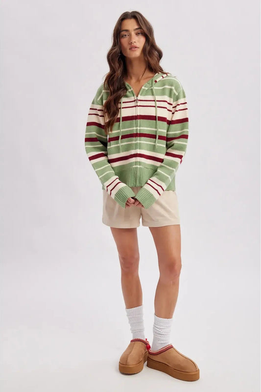 Sage & Burgundy Stripped Zip Up