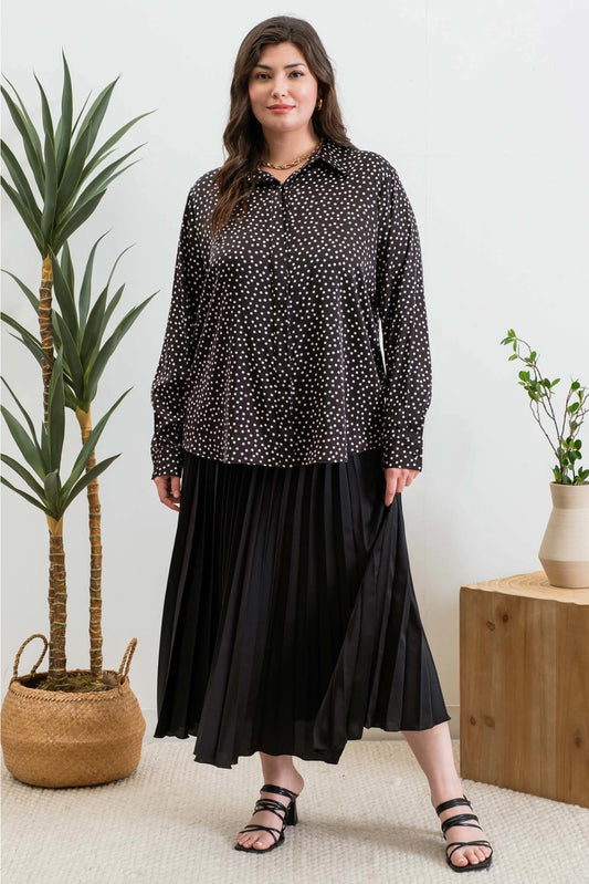 Plus Size Dot Collared Long Sleeve Shirt - Black