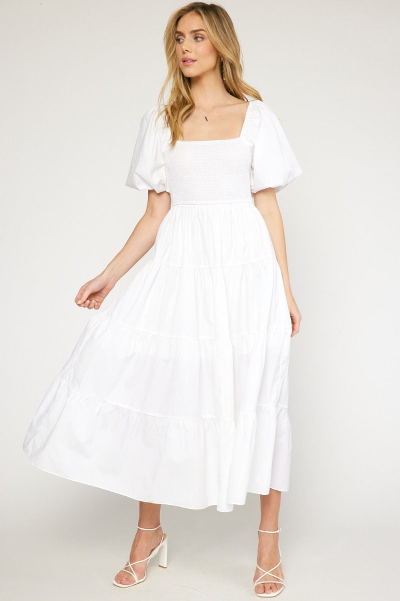 White Bubble Sleeve Dress