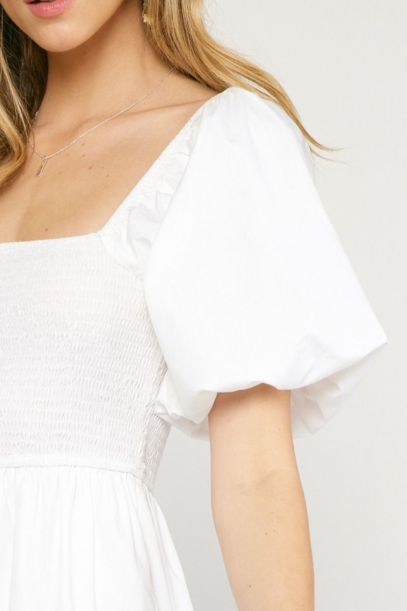 White Bubble Sleeve Dress