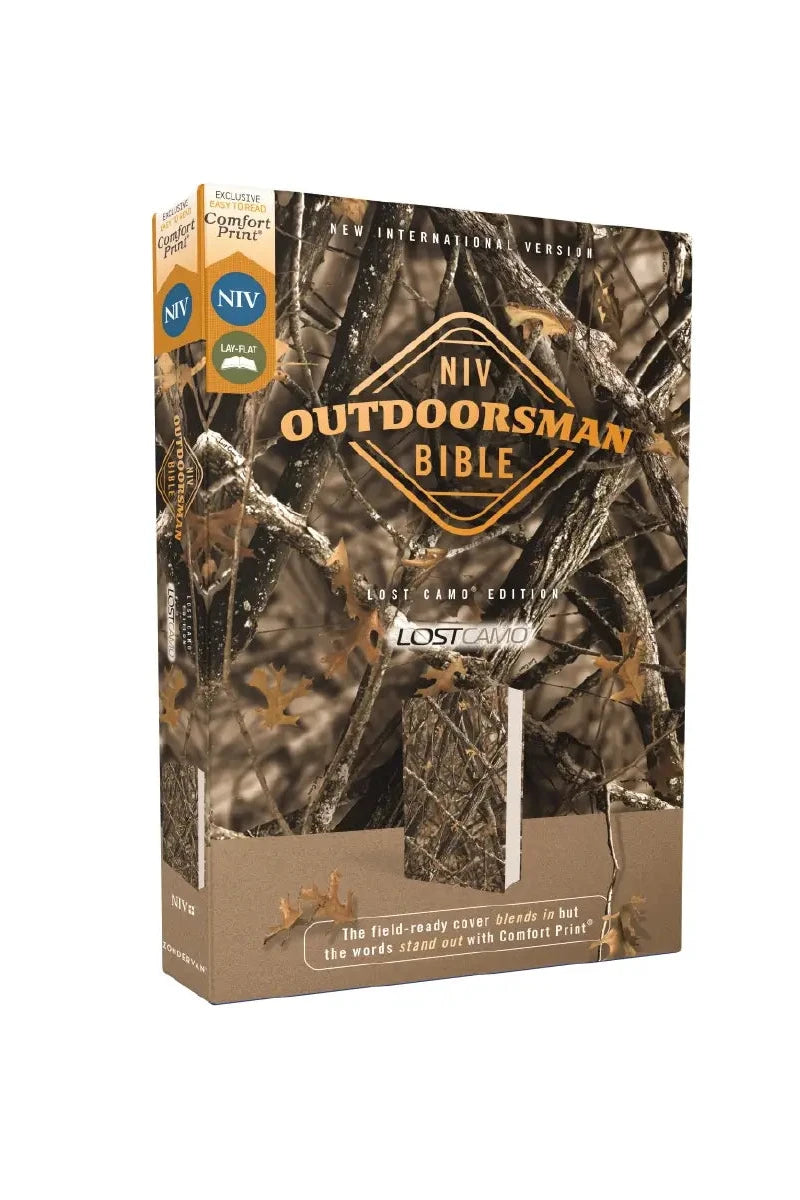 Camouflage-patterned Bible cover with 'NIV Outdoorsman Bible' text on a white background